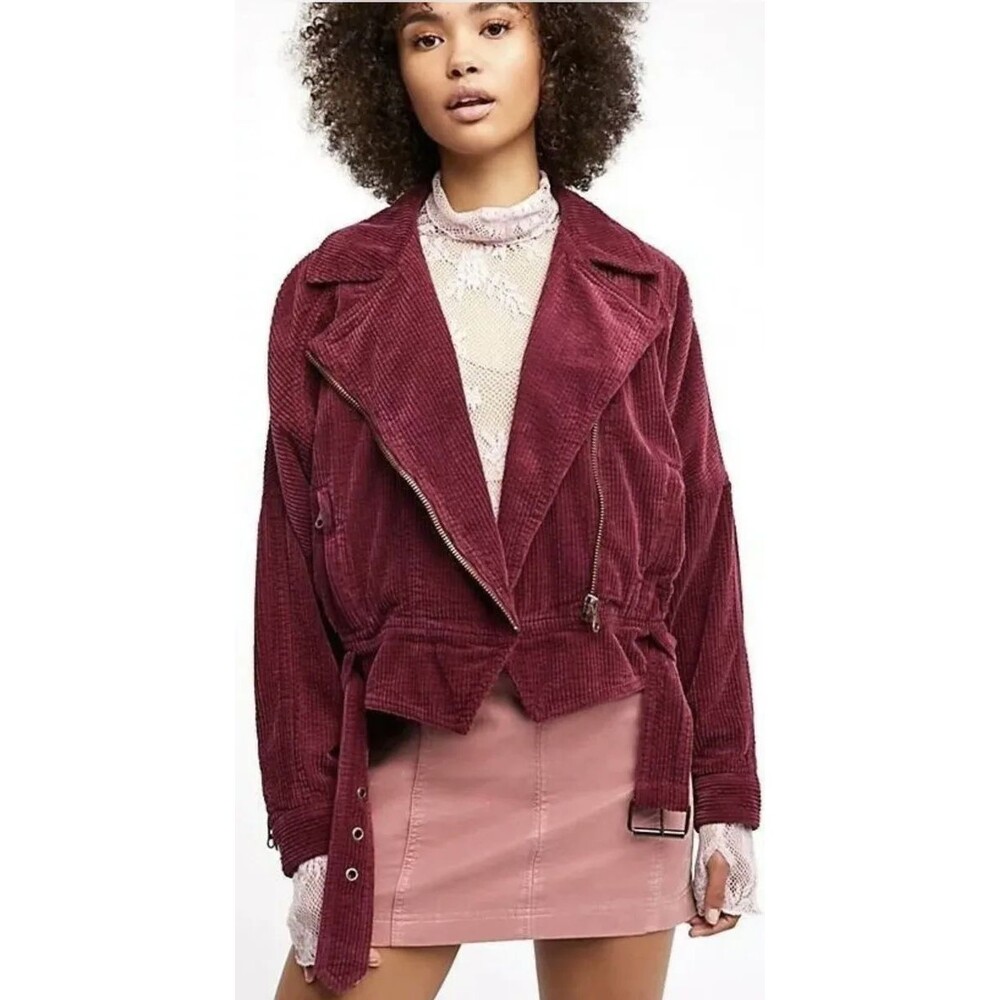 Free People Slouchy Dolman Moto Jacket Size M Zip Belt Burgundy Red B72 - Picture 1 of 9